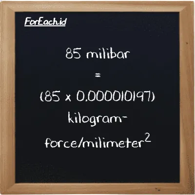 Cara konversi milibar ke kilogram-force/milimeter<sup>2</sup> (mbar ke kgf/mm<sup>2</sup>): 85 milibar (mbar) setara dengan 85 dikalikan dengan 0.000010197 kilogram-force/milimeter<sup>2</sup> (kgf/mm<sup>2</sup>)